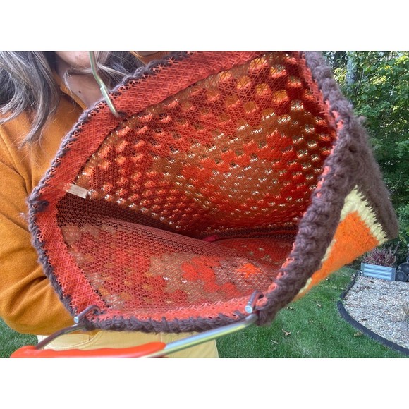 Vintage Large 15” Crochet Brown and Orange Bag - Picture 4 of 8